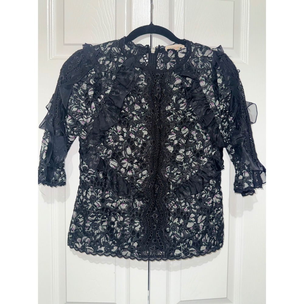 Rebecca Taylor Whimsigoth Sheer Black Lace Floral Ruffle Sleeve Sheer Blouse 0